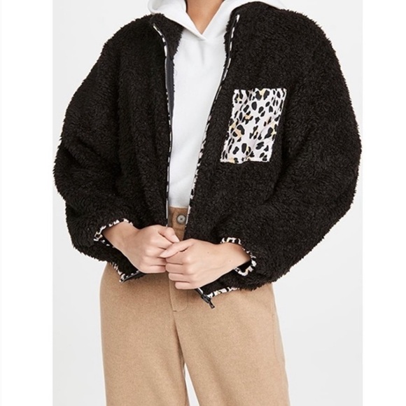 NWT PLUSH Lounge X Revolve Pink Cheetah Trim Black Fleece Jacket SZ XS - Picture 1 of 8